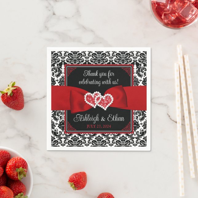 Black, Red, White Damask Love Hearts Wedding Napkins (Insitu)