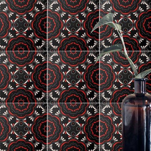 Black Red White Ethnic Ornate Geometric Pattern Ceramic Tile