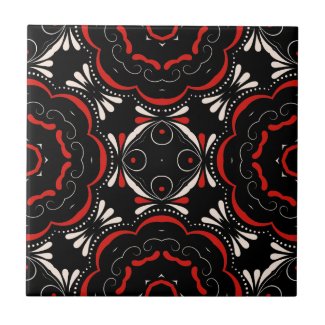 Black Red White Ethnic Ornate Geometric Pattern Ceramic Tile