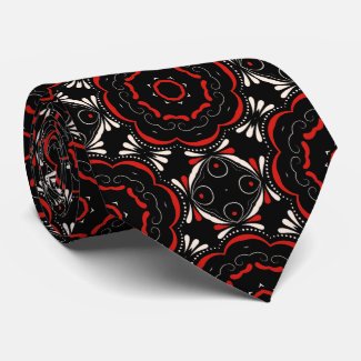 Black Red White Ethnic Ornate Geometric Pattern Neck Tie