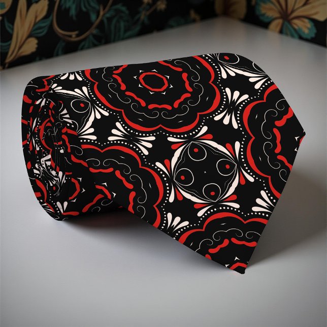 Black Red White Ethnic Ornate Geometric Pattern Neck Tie (Creator Uploaded)