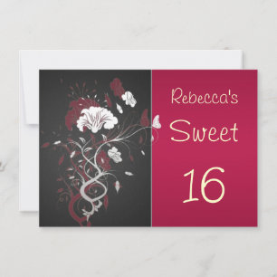 Black, red, white, floral, butterfly Sweet 16 Invitation