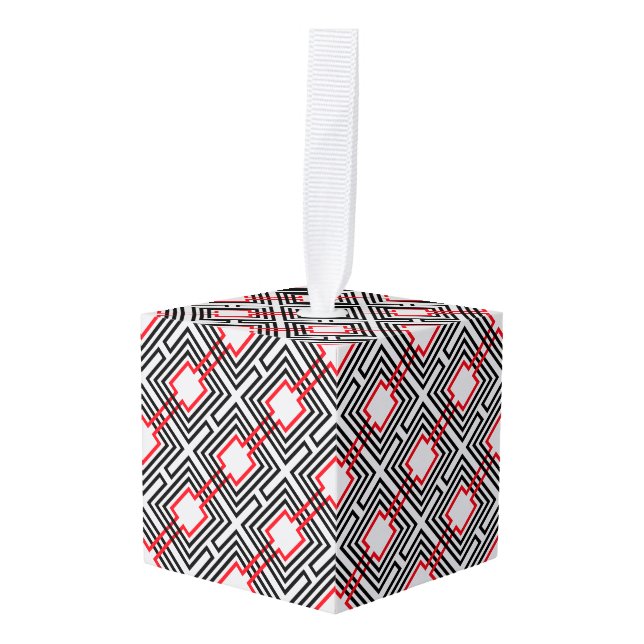 Black Red & White Geometric Cube Ornament (Front Angled)