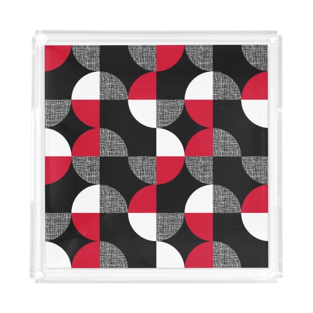 Black, red, white geometric plaid pattern. acrylic tray (Front)