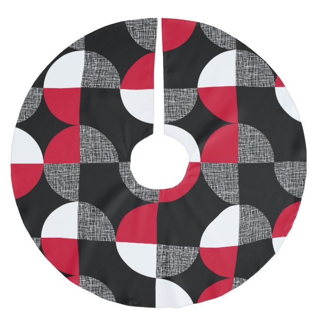 Black, red, white geometric plaid pattern. brushed polyester tree skirt (Front)