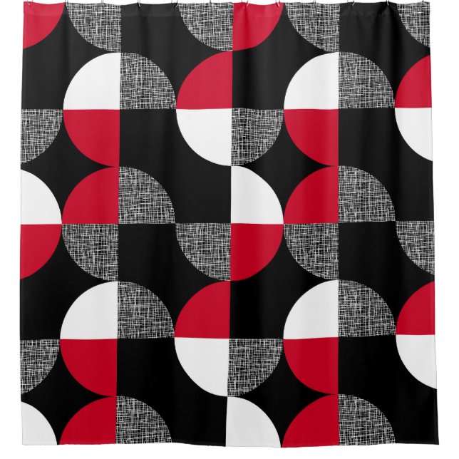Black, red, white geometric plaid pattern. shower curtain (Front)