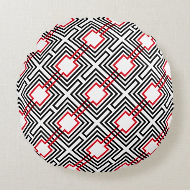 Black Red & White Geometric Round Pillow (Front)