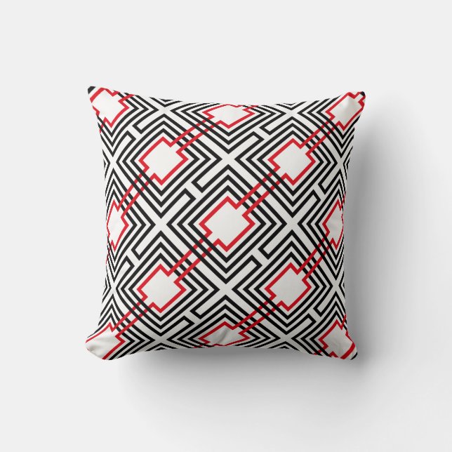 Black Red & White Geometric Throw Pillow (Front)