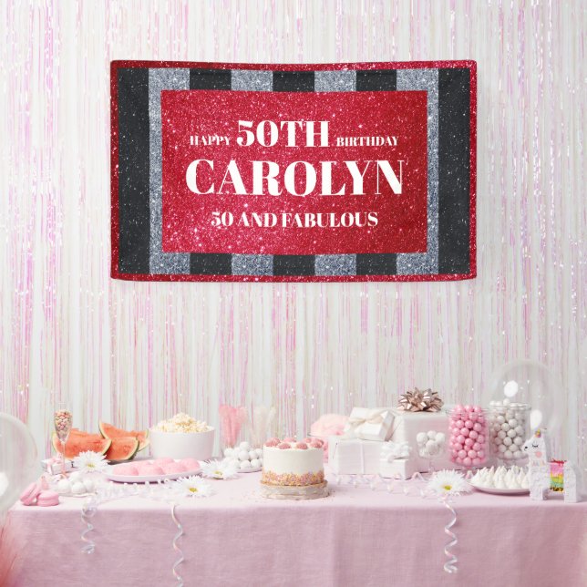 Black Red White Glitter Birthday Party Banner (Party)