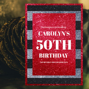 Black Red White Glitter Birthday Party Invitation