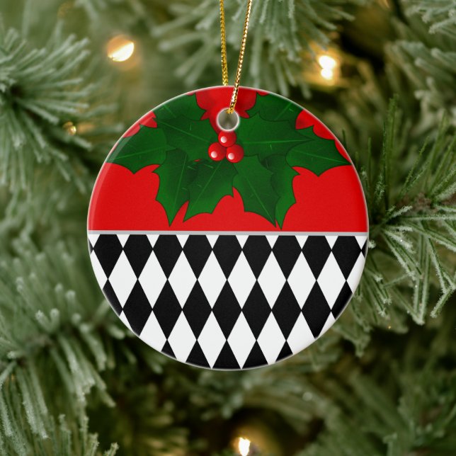 Black Red White Harlequin Pattern Christmas  Ceramic Ornament (Tree)