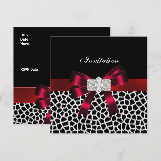 Black Red White Jewel Bow Invitation Animal Print (Front/Back)