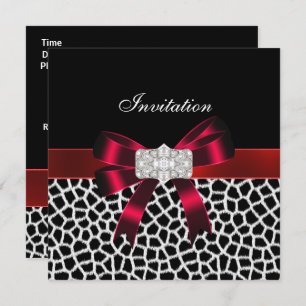 Black Red White Jewel Bow Invitation Animal Print