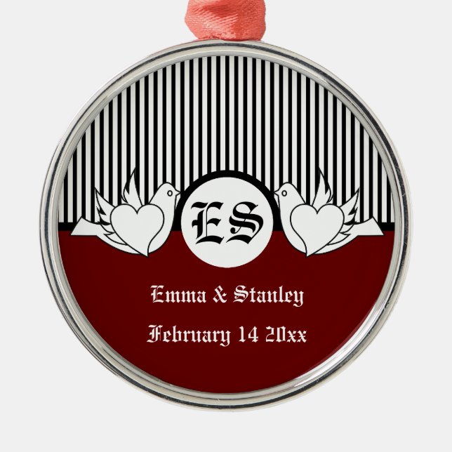 Black, red, white loving doves initials ornament (Front)