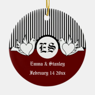 Black, red, white loving doves initials ornament