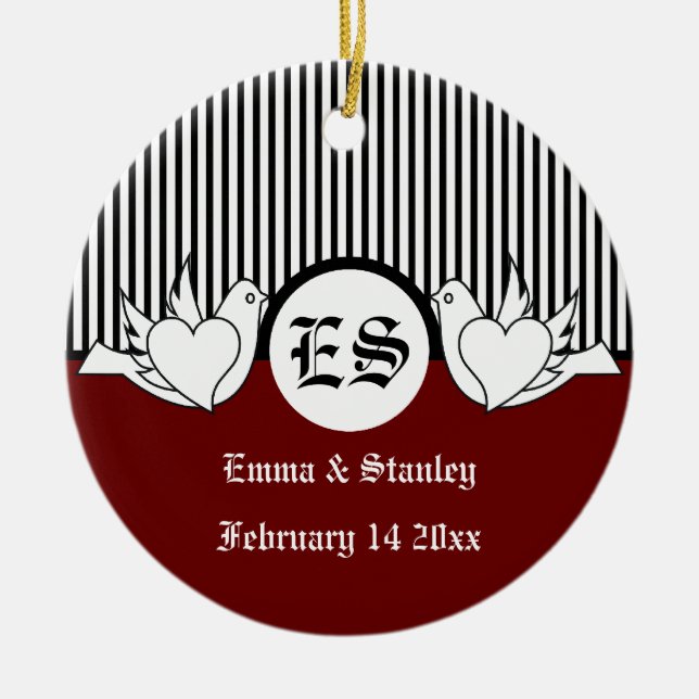 Black, red, white loving doves initials ornament (Front)