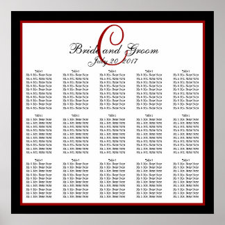 Black Red White Monogram Wedding Seating Chart 150 Poster