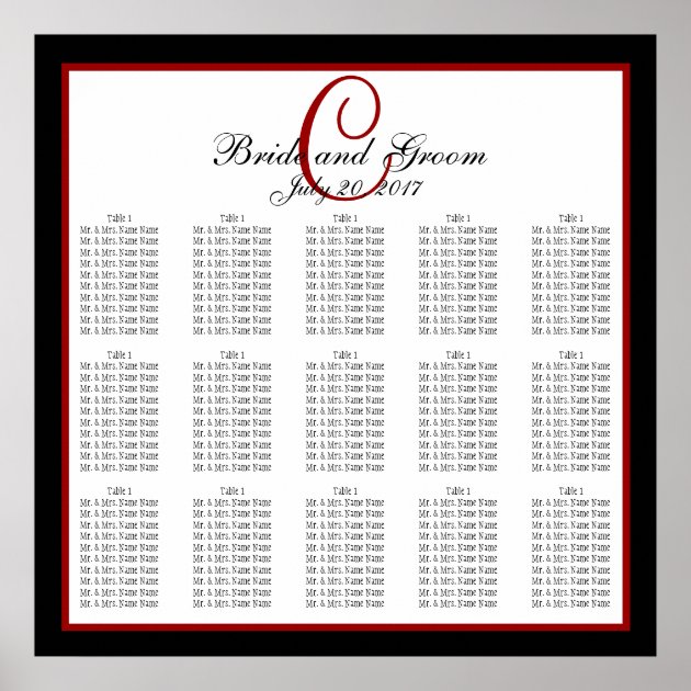 Black Red White Monogram Wedding Seating Chart 150 Poster