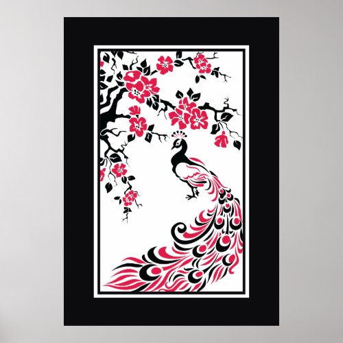 Black red white peacock and cherry blossoms poster