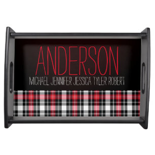 Black Red White Plaid Family Names Serving Tray