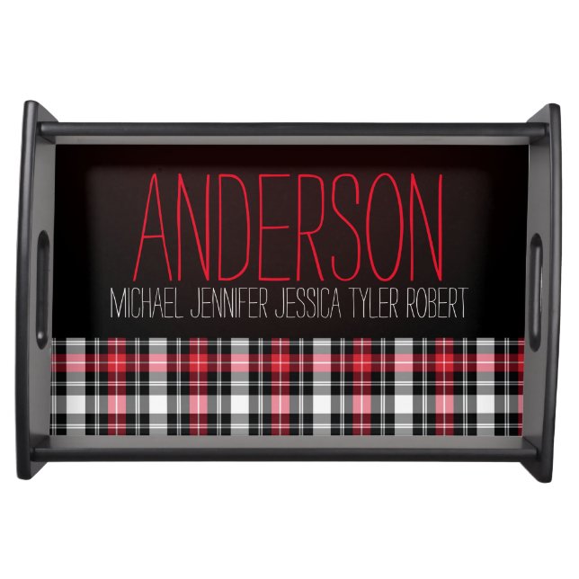 Black Red White Plaid Family Names Serving Tray (Front)