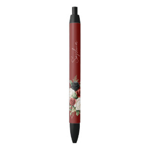 Black Red White Roses Floral Pen