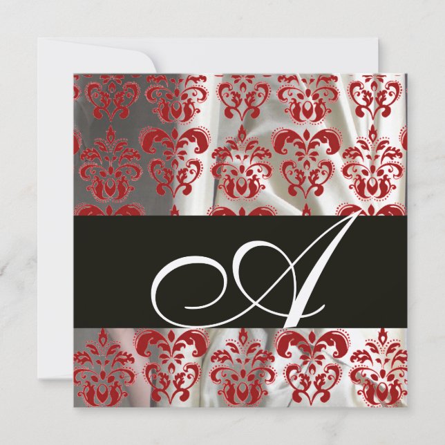 BLACK RED WHITE SILK DAMASK CLOTH MONOGRAM Gold Invitation (Front)