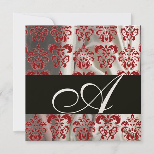 BLACK RED WHITE SILK DAMASK CLOTH MONOGRAM Gold Invitation