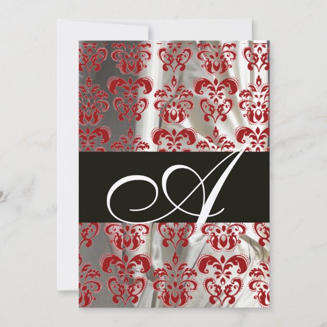 BLACK RED WHITE SILK DAMASK CLOTH MONOGRAM GOLD INVITATION (Front)