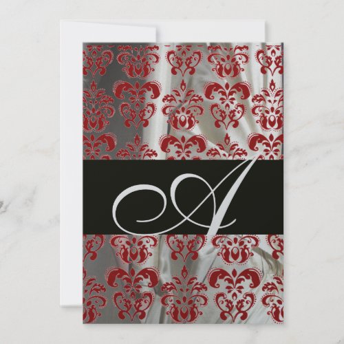 BLACK RED WHITE SILK DAMASK CLOTH MONOGRAM SILVER INVITATION