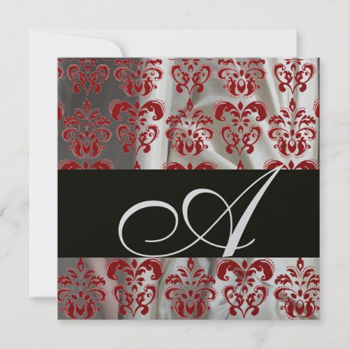 BLACK RED WHITE SILK DAMASK CLOTH MONOGRAM Silver Invitation