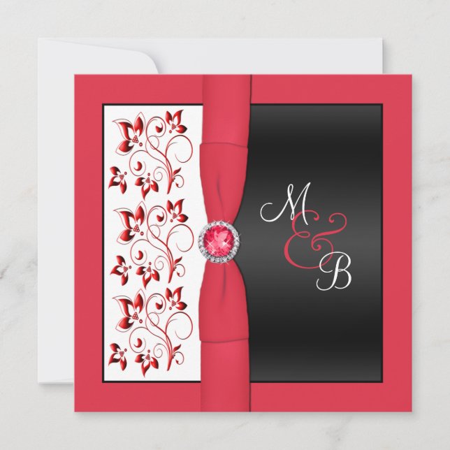 Black, Red & White Square Monogrammed Invitation (Front)