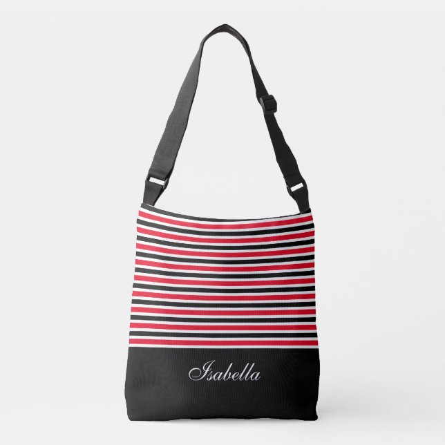 Black Red White Stripes & Calligraphy Crossbody Bag (Front)