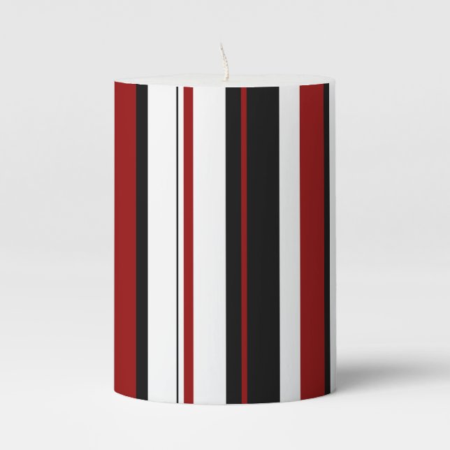 Black Red White Stripes Modern Vertical Pillar Candle (Front)