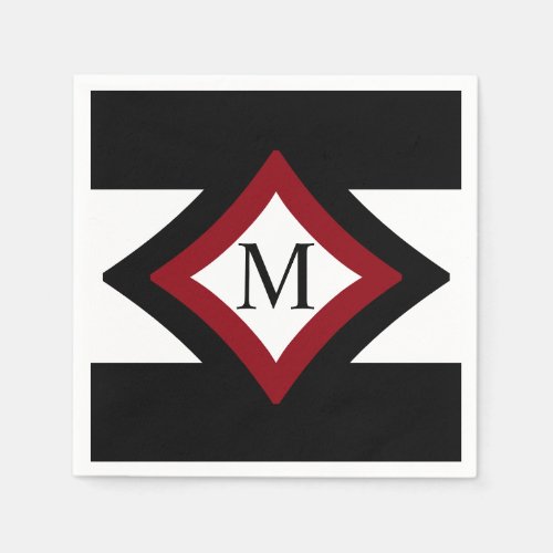 Black Red  White Stylish Diamond Shaped Monogram Paper Napkins
