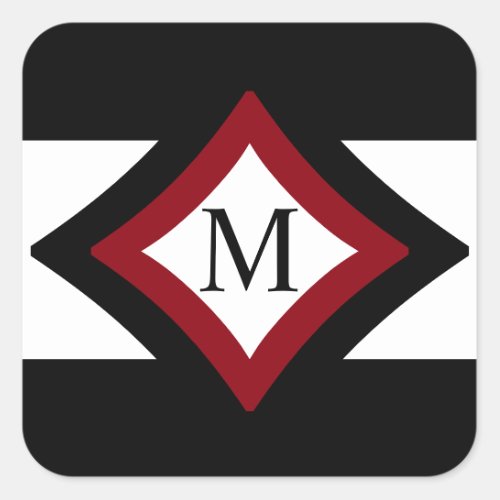 Black Red  White Stylish Diamond Shaped Monogram Square Sticker