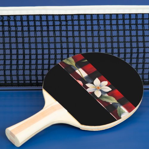 Black Red White with White Flowers Buffalo Check Ping Pong Paddle