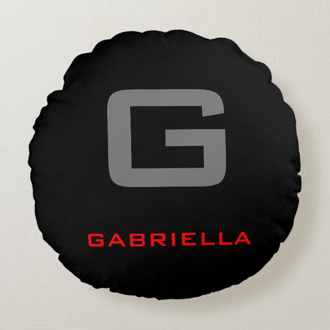 Black Red White Your Name Initial Monogram Round Pillow (Front)