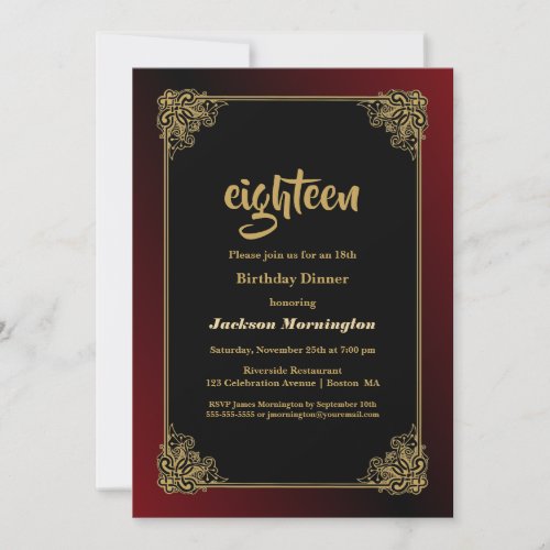 Black Red with Gold Frame 18th Birthday Dinner Invitation