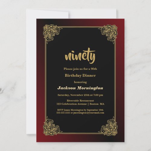 Black Red with Gold Frame 90th Birthday Dinner Invitation