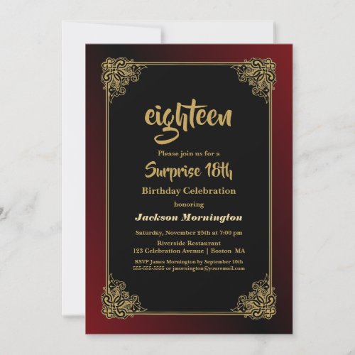 Black Red with Gold Frame Surprise 18th Birthday Invitation