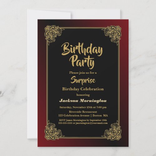 Black Red with Gold Frame Surprise Birthday Party Invitation