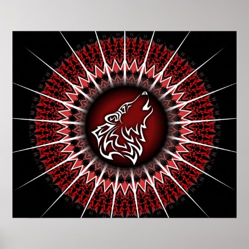 Black Red Wolf Tribal Animal Poster