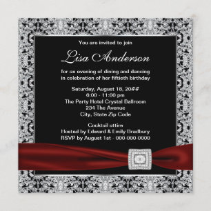 Black Red Womans Cranberry Red 50th Birthday Party Invitation