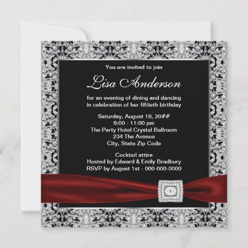 Black Red Womans Cranberry Red 50th Birthday Party Custom Invite