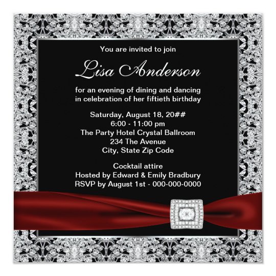 Black Red Womans Cranberry Red 50th Birthday Party Invitation