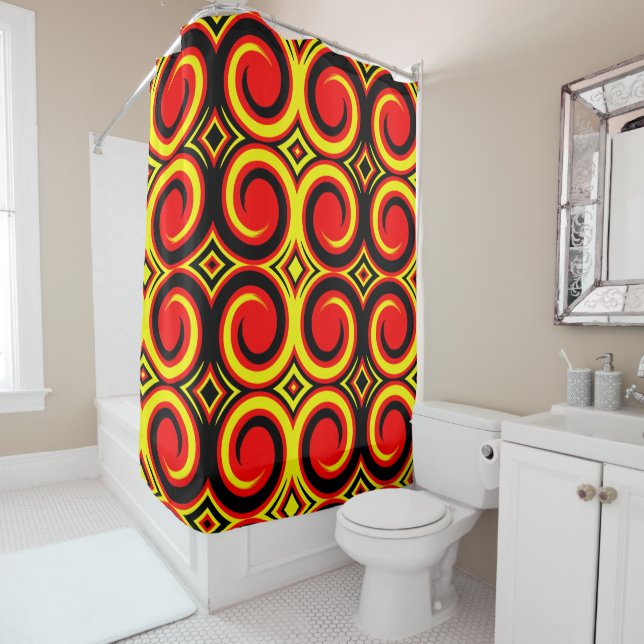 Black Red Yellow Abstract Swirl Pattern Shower Curtain (In Situ)