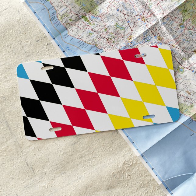 Black Red Yellow Blue Bavaria Diamond Flag Pattern License Plate (In Situ)