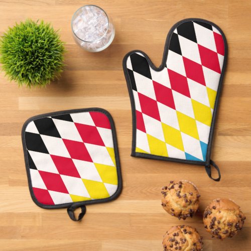 Black Red Yellow Blue Bavaria Diamond Flag Pattern Oven Mitt  Pot Holder Set