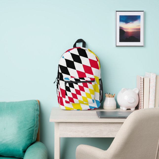 Black Red Yellow Blue Bavaria Diamond Flag Pattern Printed Backpack (Insitu)